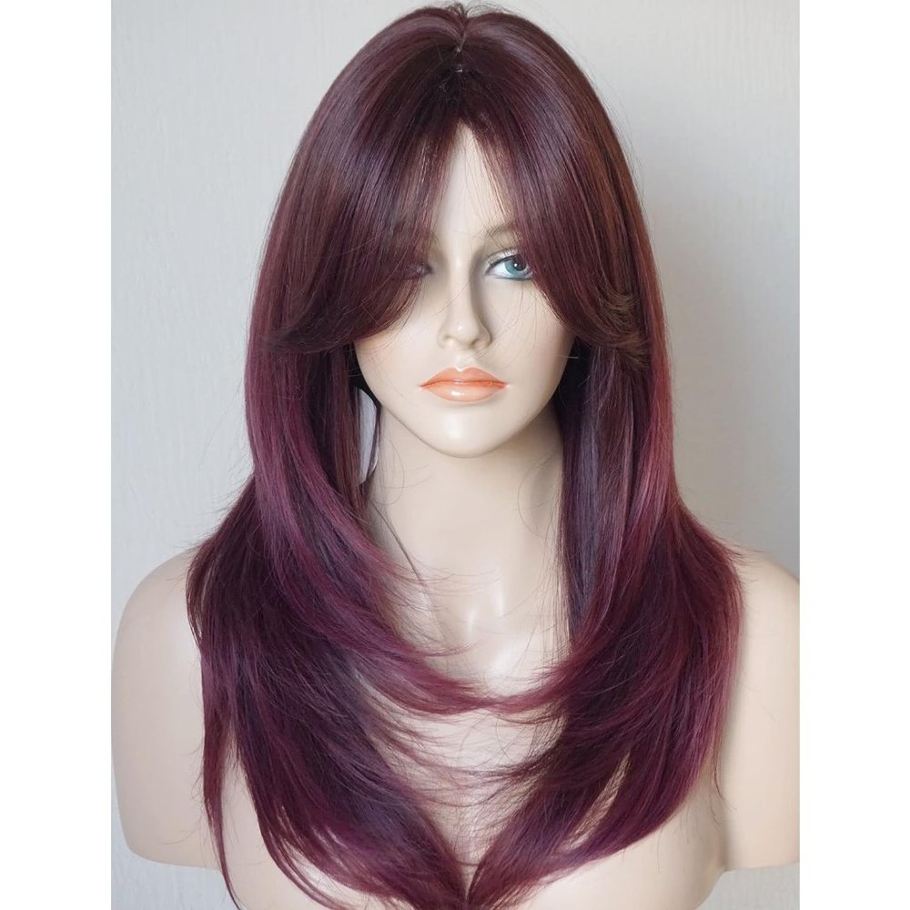 Wigbuy Women Purple Red Synthetic Shoulder Length Fiber Highlight Multicolor Wig